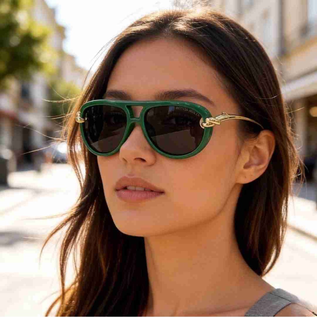 Bottega Veneta Aviator Sunglasses Green Frame Gold Knot Temples